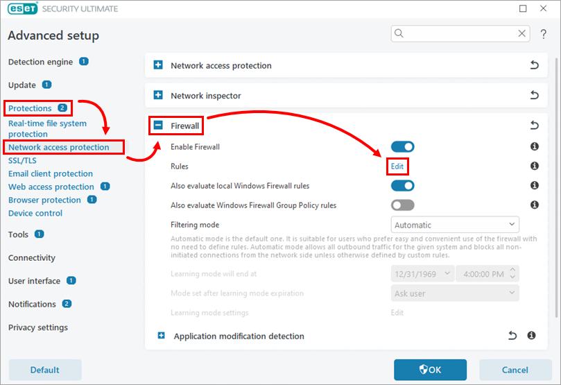 گام 3: ویرایش قوانین فایروال در ESET